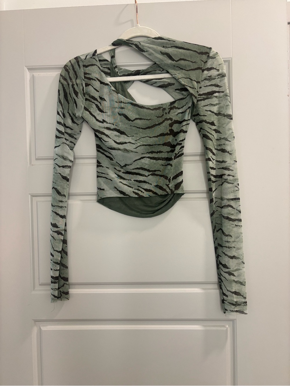 Zara Sage Green Tiger-Print Long Sleeve Cutout Top